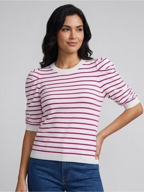 DKNY Jeans Women's Pink & White Striped Puff-Sleeve Crewneck Knit Sweater Top